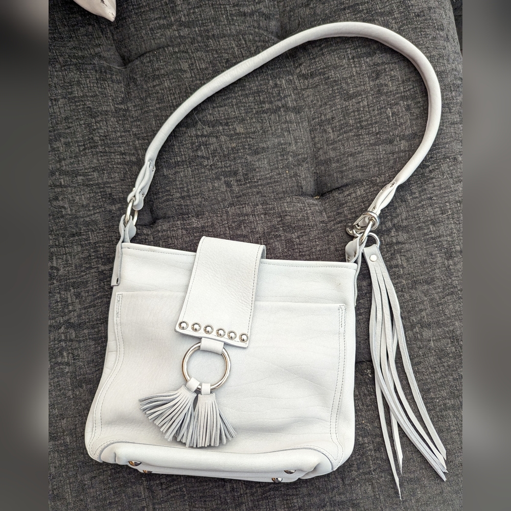Baby blue genuine leather purse bag with tassel accents
